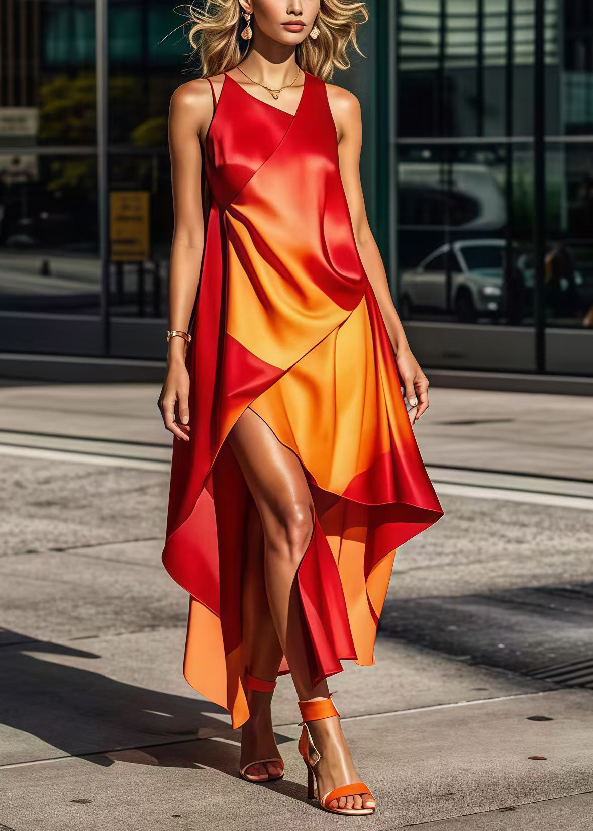Gradient Color Asymmetrical Design Silk Long Dress Summer