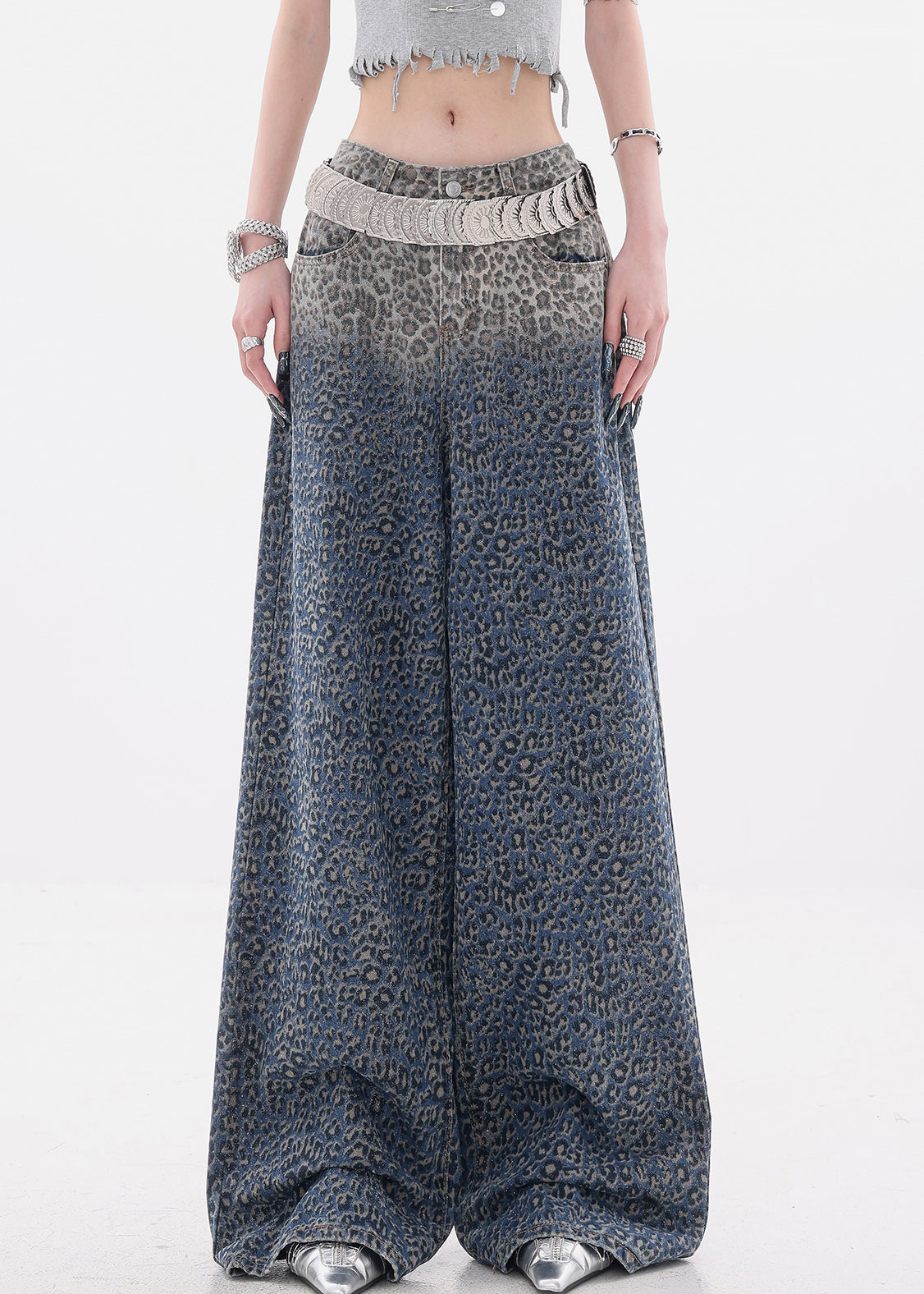 Gradient Color Leopard High Waist Denim Wide Leg Pants Fall