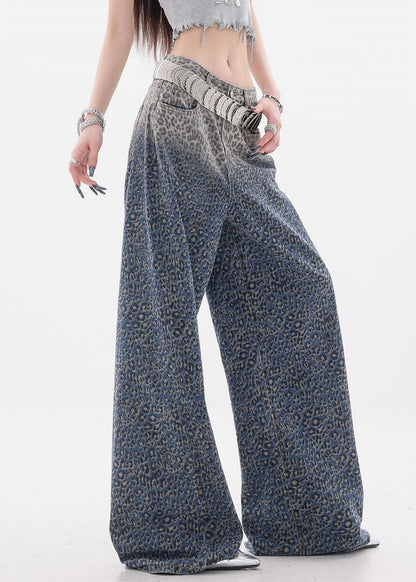 Gradient Color Leopard High Waist Denim Wide Leg Pants Fall