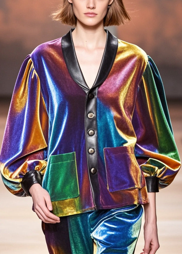 Gradient Color Peter Pan Collar Patchwork Silk Velvet Jackets Spring