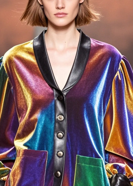 Gradient Color Peter Pan Collar Patchwork Silk Velvet Jackets Spring