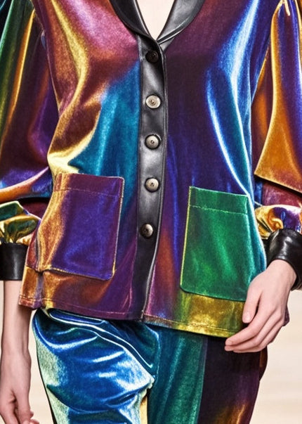 Gradient Color Peter Pan Collar Patchwork Silk Velvet Jackets Spring