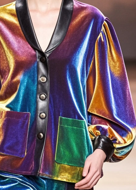 Gradient Color Peter Pan Collar Patchwork Silk Velvet Jackets Spring