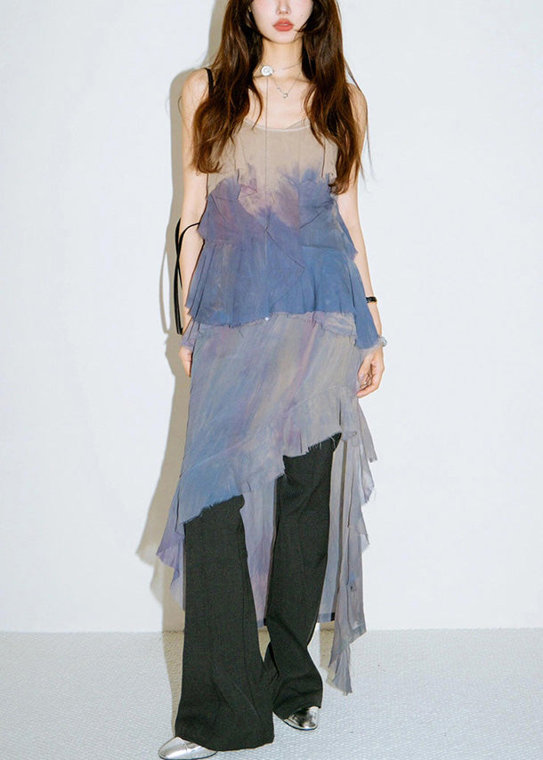 Gradient Color Ruffled Low High Design Cotton Dress Sleeveless