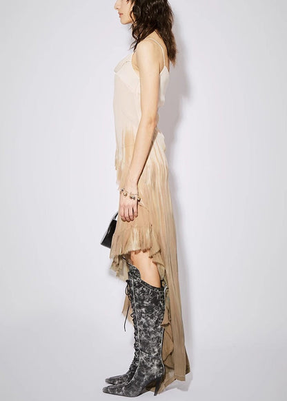 Gradient Color Ruffled Low High Design Cotton Dress Sleeveless