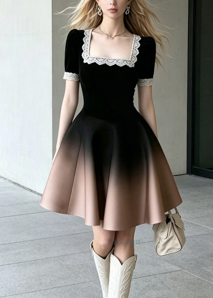 Gradient Color Square Collar Lace Patchwork Cotton Dress Summer