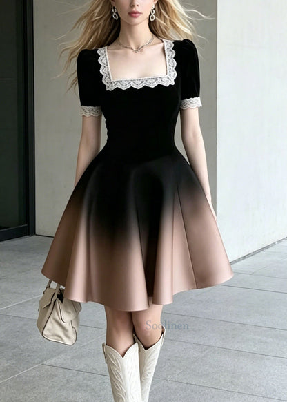 Gradient Color Square Collar Lace Patchwork Cotton Dress Summer
