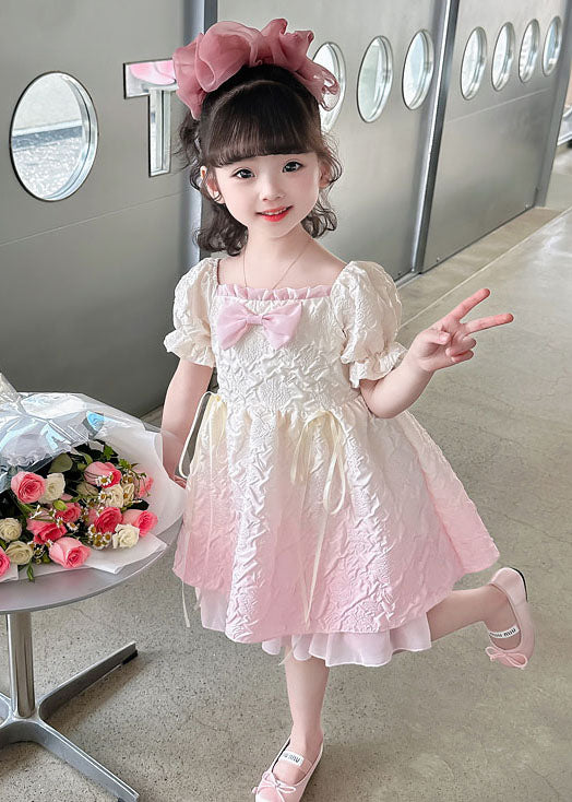 Gradient Pink Ruffled Patchwork Cotton Kids Dresses Summer