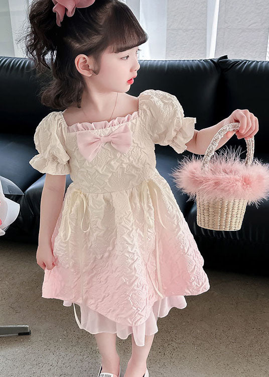 Gradient Pink Ruffled Patchwork Cotton Kids Dresses Summer