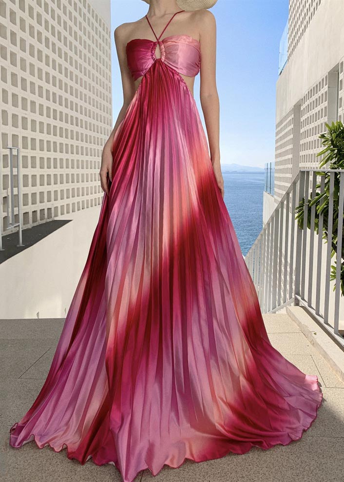 Gradient Pink Tie Dye Exra Large Hem Silk Strapless Dress Summer