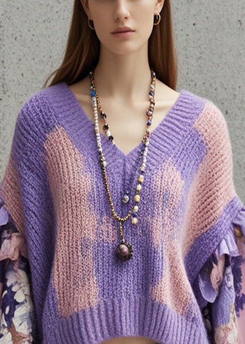 Gradient Purple V Neck Patchwork Sweater Tops Lantern Sleeve