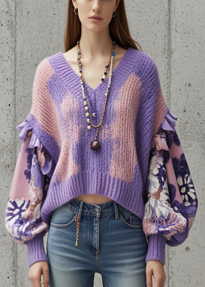 Gradient Purple V Neck Patchwork Sweater Tops Lantern Sleeve