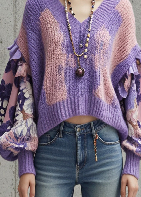 Gradient Purple V Neck Patchwork Sweater Tops Lantern Sleeve