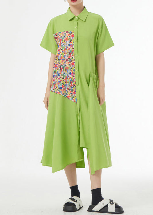 Grass Green Asymmetrical Button Patchwork Silk Cotton Shirts Dress Summer
