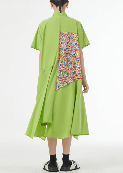 Grass Green Asymmetrical Button Patchwork Silk Cotton Shirts Dress Summer
