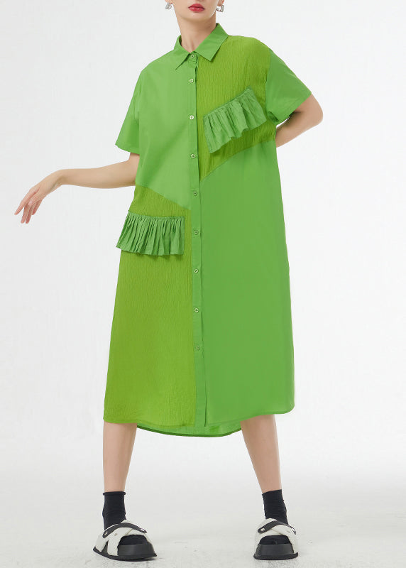 Grass Green Ruffled Button Patchwork Cotton Shirts Dress Summer