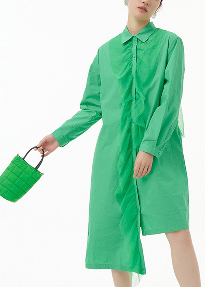 Green Asymmetrical Tulle Patchwork Ruffles Cotton Shirt Dress Spring