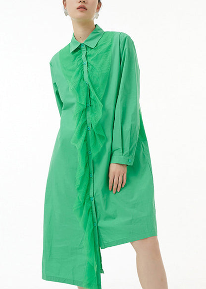 Green Asymmetrical Tulle Patchwork Ruffles Cotton Shirt Dress Spring
