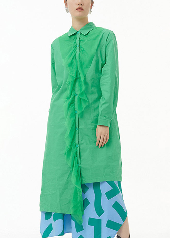 Green Asymmetrical Tulle Patchwork Ruffles Cotton Shirt Dress Spring