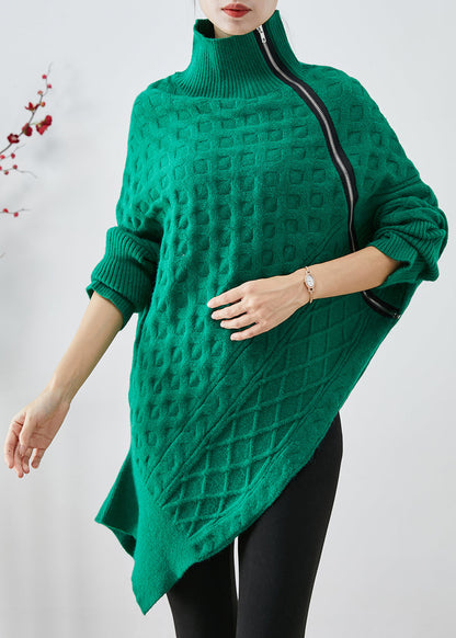 Green Asymmetrical Zippered Knit Short Sweater Fall