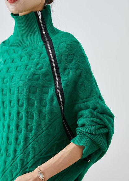 Green Asymmetrical Zippered Knit Short Sweater Fall