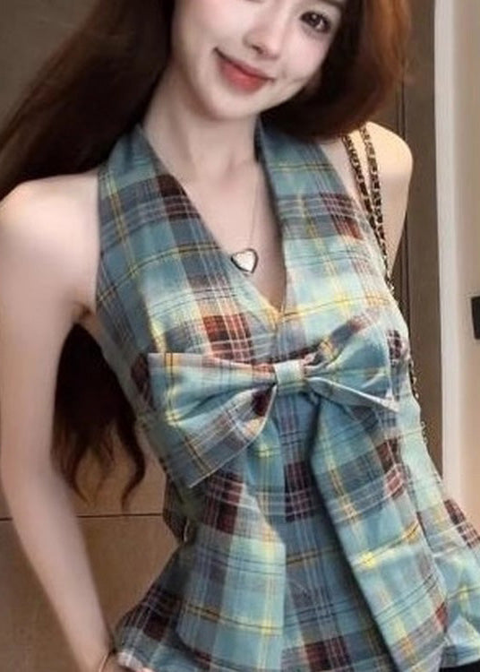 Green Backless Plaid Halter Vests Summer