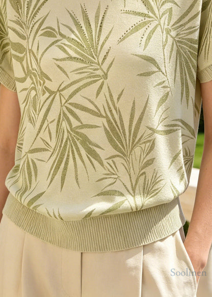 Green Bamboo Print Zircon Knit Shirt Tops Summer