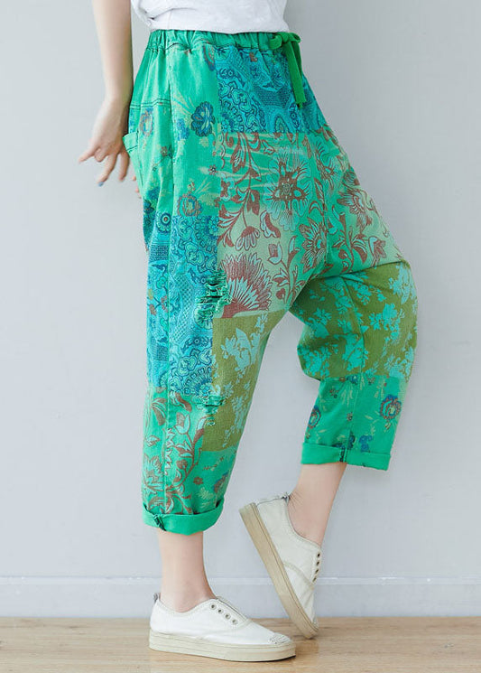 Green Elastic Waist Oversized Print Cotton Harem Pants Spring