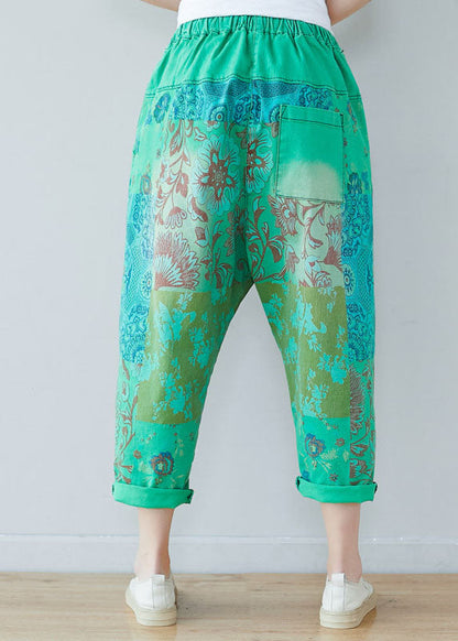 Green Elastic Waist Oversized Print Cotton Harem Pants Spring