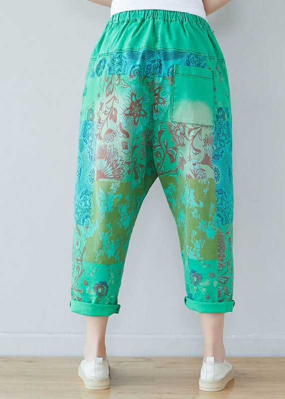 Green Elastic Waist Oversized Print Cotton Harem Pants Spring