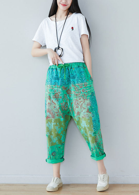 Green Elastic Waist Oversized Print Cotton Harem Pants Spring
