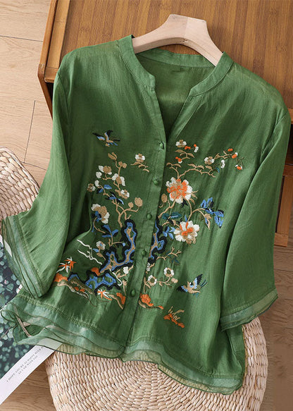 Red Stripes Embroidered Button Patchwork Linen Top Bracelet Sleeve