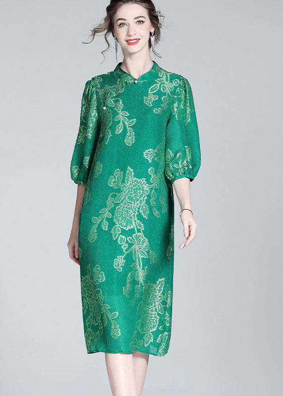 Green Embroideried Patchwork Chinese Button Silk Dresses Summer