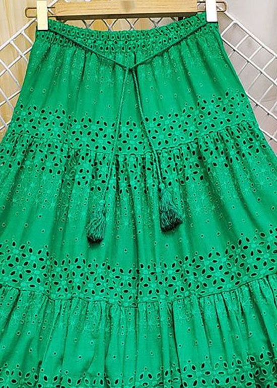 Green Embroideried Tasseled Hollow Out Cotton Skirt Summer