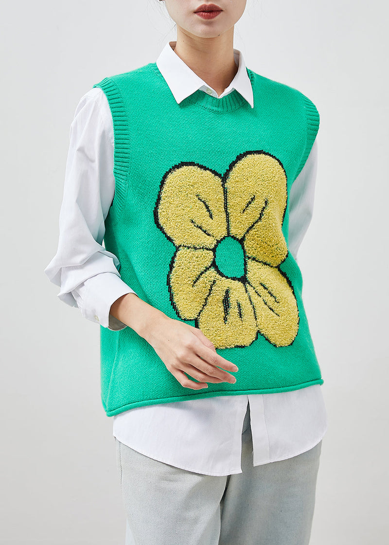 Green Jacquard Knit Vest Tops Spring