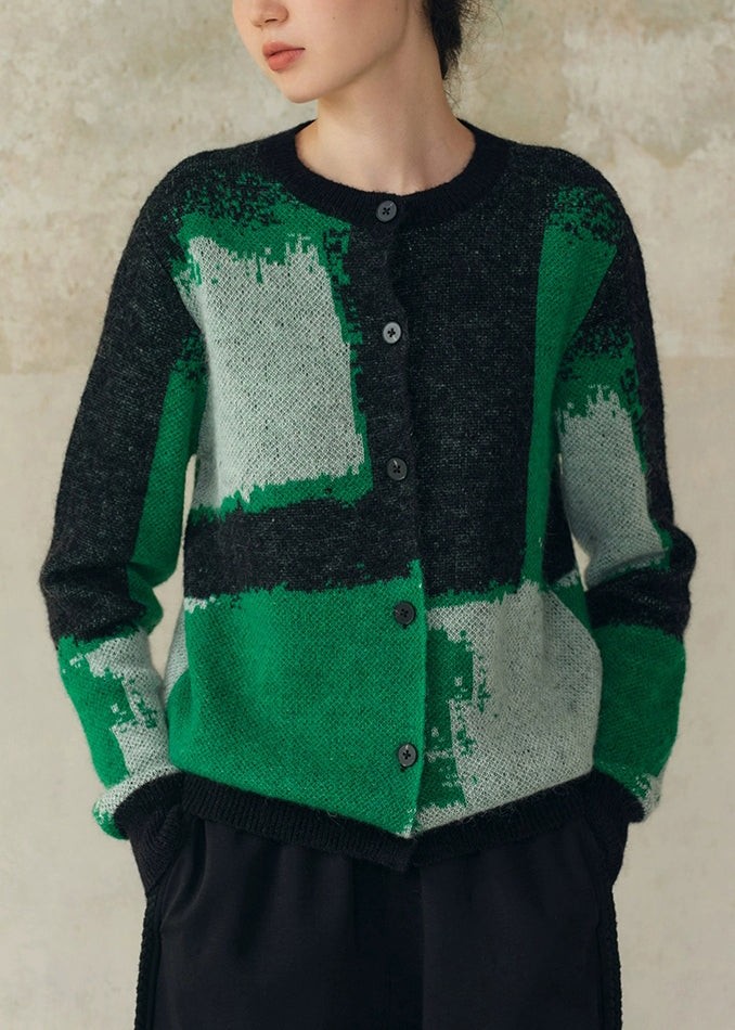 Green Geometric Button Patchwork Woolen Knit Coat Fall