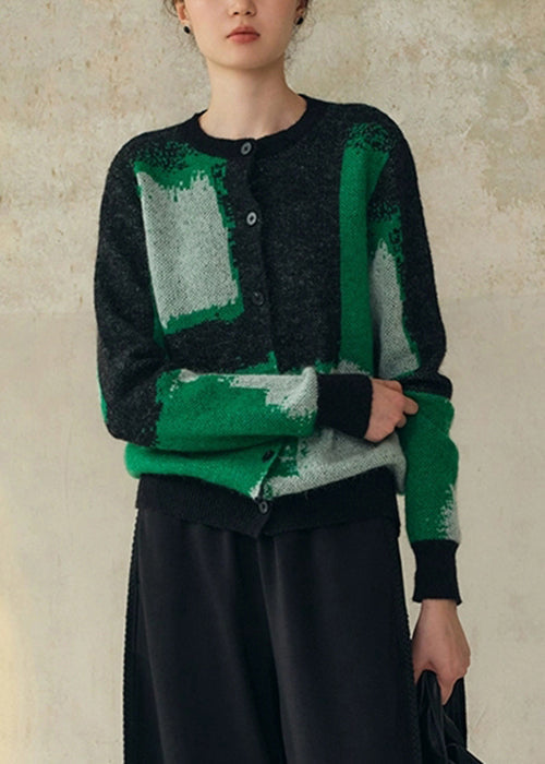 Green Geometric Button Patchwork Woolen Knit Coat Fall