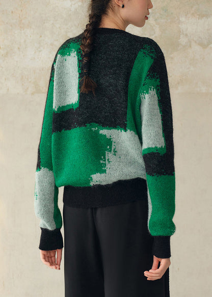 Green Geometric Button Patchwork Woolen Knit Coat Fall