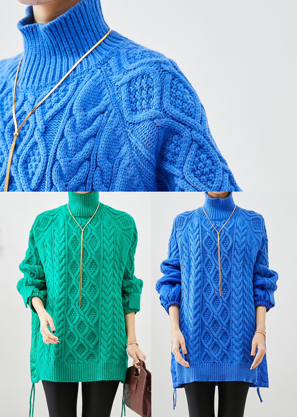 Green High Neck Thick Patchwork Knit Sweaters Winter