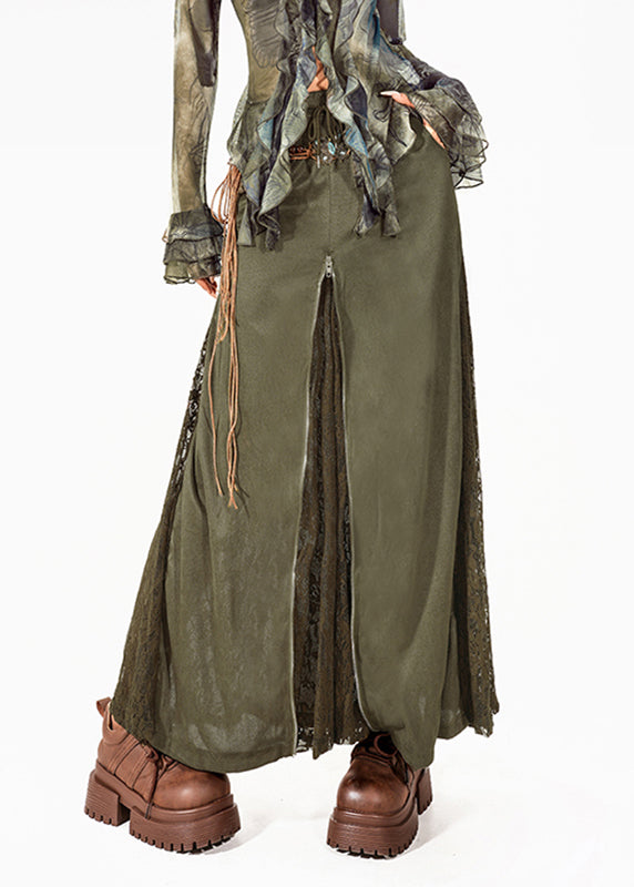 Green High Waist Maxi Skirt Summer Lace Patchwork