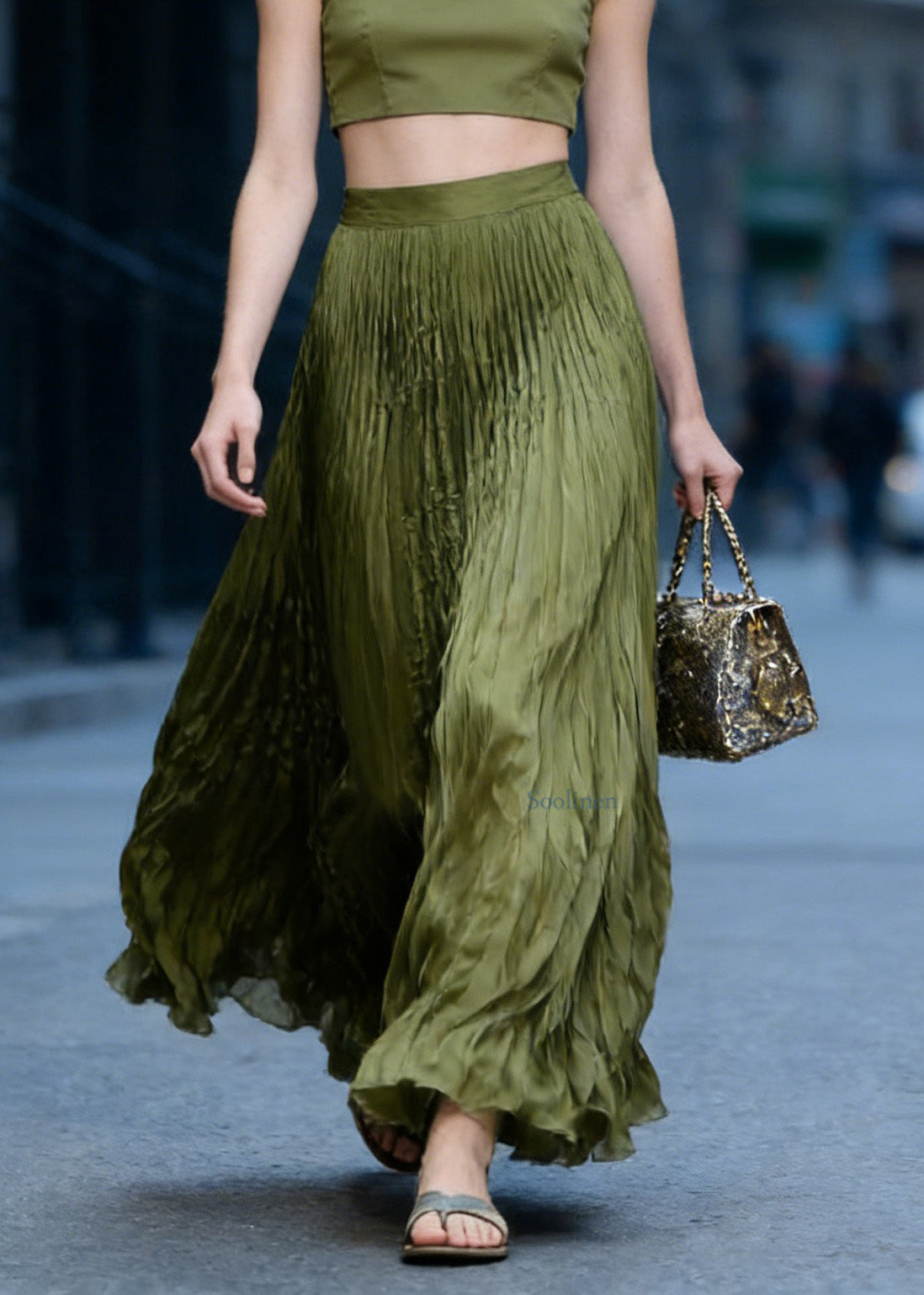 Green High Waist Wrinkled Chiffon Skirts Spring