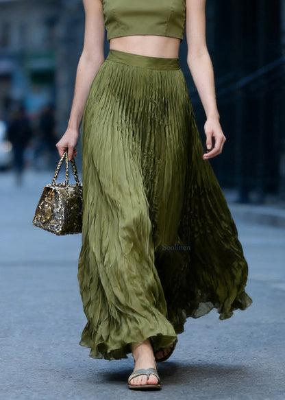 Green High Waist Wrinkled Chiffon Skirts Spring