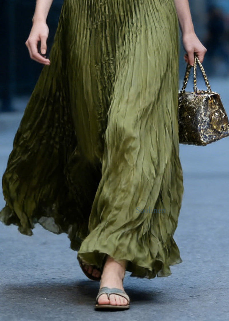 Green High Waist Wrinkled Chiffon Skirts Spring