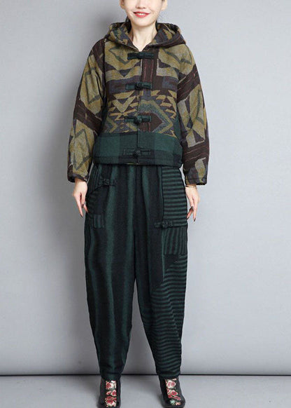 Green Hooded Patchwork Oriental Button Fine Cotton Filled Jackets Winter