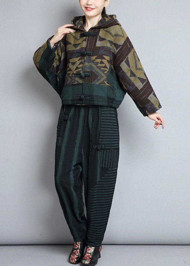 Green Hooded Patchwork Oriental Button Fine Cotton Filled Jackets Winter