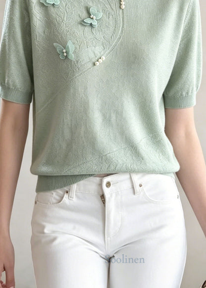 Green Jacquard Butterfly Nail Bead Thin Knit Tops Summer