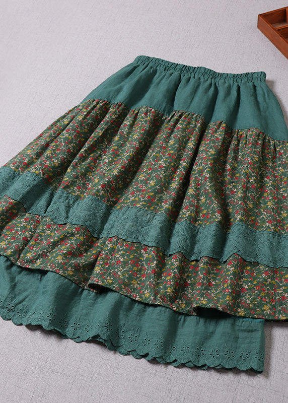 Green Lace Patchwork Print Skirts Winter