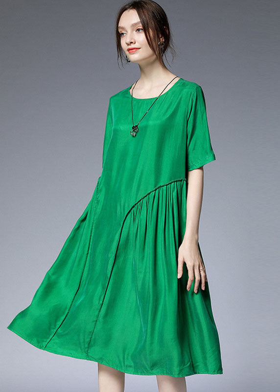 Green O-neck Asymmetrical Silk Holiday Dresses Short Sleeve