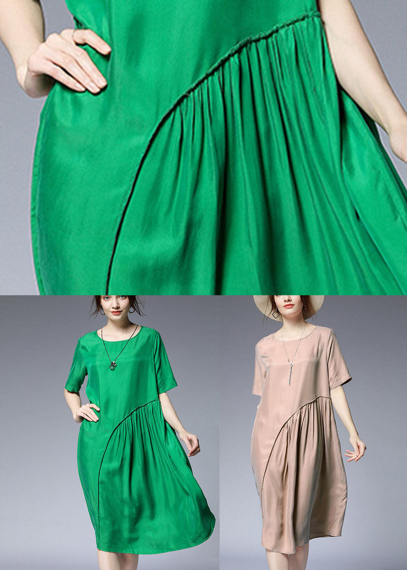 Green O-neck Asymmetrical Silk Holiday Dresses Short Sleeve