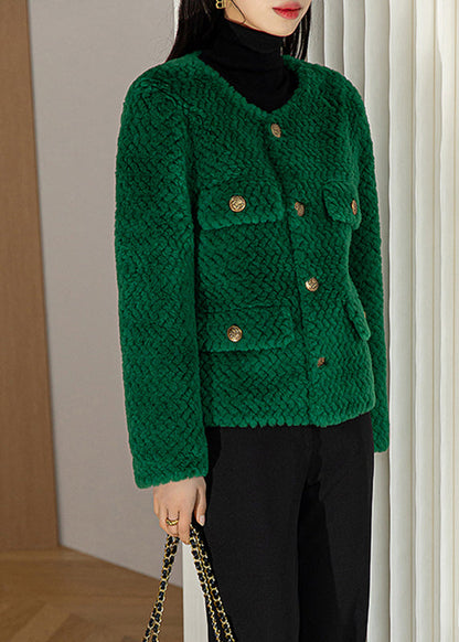 Green O-neck Button Woolen Coat Long Sleeve